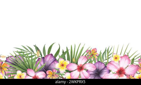 Nahtlose Grenze tropische Pflanzenpalme, Hibiskus. plumeria Blume isolierter weißer Hintergrund. Aquarell handgezeichnete botanische Illustration. Kunst für Design Stockfoto