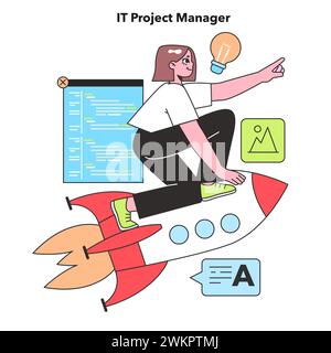 Ein IT-Projektmanager fördert Projekte mit Visionen und Innovationen, symbolisiert durch eine Rakete, die die Dynamik des Managements von Technologieinitiativen unterstreicht. Stock Vektor