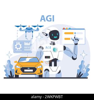 AGI-Konzept. Autonome Fahrzeuge und Drohnen rücken unter KI-Führung vor. Interaktive Robotik führt die technologische Revolution an. Illustration des flachen Vektors. Stock Vektor