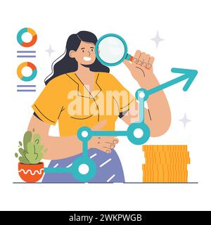 Bedarfsprognosen. Experte analysiert Markttrends, um zukünftigen Bedarf vorherzusagen und eine effiziente Bestandsverwaltung zu gewährleisten. Analyse des Wirtschaftswachstums. Illustration des flachen Vektors Stock Vektor