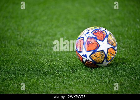 Adidas Ball UCL pro 23/24 Knockout wird auf dem Spielfeld während des Champions-League-Fußballspiels zwischen SSC Napoli und FC Barcelona im Diego Armando Maradona-Stadion in Neapel (Italien) am 21. Februar 2024 gesehen. Stockfoto