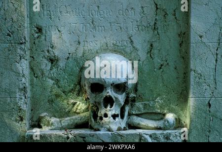Schädel und Kreuzknochen auf einem deutschen Grabstein aus dem 18. Jahrhundert, Alter Südfriedhof, München Stockfoto