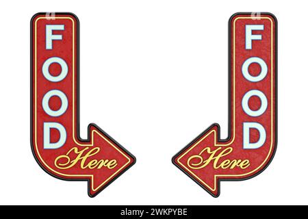 Vintage Rusty Metal Food Here Pfeilschild auf weißem Hintergrund. 3D-Rendering Stockfoto