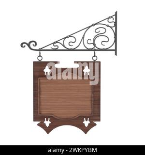 Blank Holz Hängeschild mit Freiraum für Ihr Design und florale Schmiedeelemente auf weißem Hintergrund. 3D Rendering Stockfoto