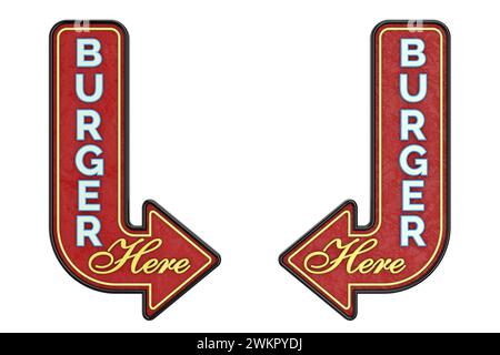 Vintage Rusty Metal Burger Here Arrow Schild auf weißem Hintergrund. 3D-Rendering Stockfoto