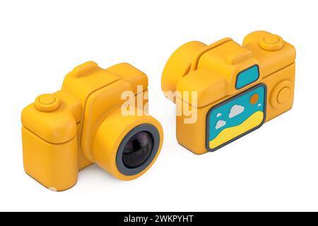 Abstraktes gelbes Foto-Kamera-Web-Symbol auf weißem Hintergrund. 3D-Rendering Stockfoto