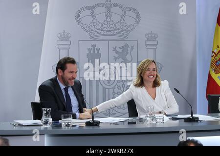 Madrid, 13.02.2024. Moncloa Palace. Auftritt nach dem Ministerrat von Ministersprecher Pilar Alegría, zusammen mit dem Minister für Verkehr und nachhaltige Mobilität, Óscar Puente, und der Ministerin für Wohnungsbau und Städteagenda, Isabel Rodríguez. Foto: Jaime García. ARCHDC. Quelle: Album / Archivo ABC / Jaime García Stockfoto