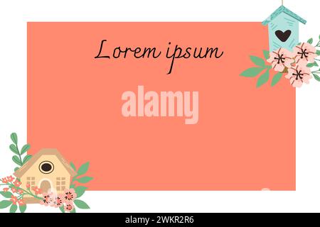 Federkartenschablone mit Vogelhäuschen und Kopierraum. Vektorillustration auf rotem Hintergrund. Stock Vektor