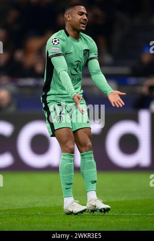 Mailand, Italien. 20. Februar 2024. Samuel Lino vom Club Atletico de Madrid reagierte beim UEFA Champions League-Spiel zwischen dem FC Internazionale und dem Club Atletico de Madrid. Quelle: Nicolò Campo/Alamy Live News Stockfoto