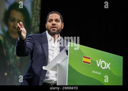 Madrid, 27.01.2024. Hotel Madrid Marriot. Außerordentliche Versammlung der Vox-Partei, wo Santiago Abascal zum Parteiführer erklärt wird. Hochrangige Mitarbeiter wie Ignacio Garrida, Jorge Buxadé, Pepa Millán und viele andere nehmen an der Veranstaltung Teil. Foto: Guillermo Navarro. ARCHDC. Quelle: Album / Archivo ABC / Guillermo Navarro Stockfoto