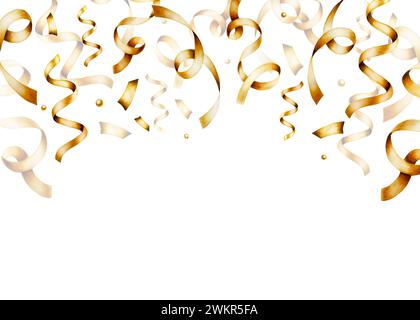 Aquarellrahmen mit goldenem Band und Streamer für Geburtstagsgeschenke. Handgezeichnete Vorlage, Banner Konfetti für Partydekoration isoliert auf Hintergrund. Stockfoto