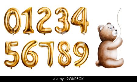 Aquarell niedlicher Cartoon Teddybär mit goldenen Folienballons Zahlen 0-9. Handgezeichnete Geburtstagsfeierzahlen Null, eins, zwei, drei, vier, fünf, s Stockfoto