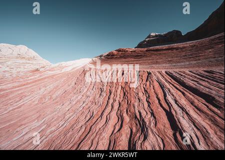 USA, ARIZONA, WHITE POCKET: Die White Pocket ist ein abgelegenes, bekanntermaßen schwer zugängliches Sandsteinstück, das sich in der Wüste des Vermillion Cliffs National Monument nahe der Grenze zu Arizona/Utah versteckt. Das gesamte Gebiet ist mit einer grauen Felsschicht bedeckt, manchmal nur wenige Zentimeter dick, über dem roten Sandstein, wo die Formationen heulen und tropfen, die die gesamte Landschaft so aussehen lässt, als wäre sie mit Puderzucker bedeckt. An manchen Stellen sind die Steinschichten völlig verdreht, wie ein riesiger Marmorkuchen. Stockfoto