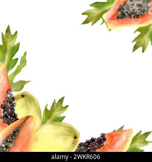 Tropischer Papaya-Rahmen in Aquarellfarben für Party, Verpackung, Sommer-Label-Design. Exotische Orangen-Früchte, grüne Blätter in bunten Arrangements. Stockfoto