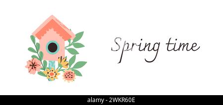 Frühlingsgrußkarte mit Aufschrift Spring Time und Vogelhaus mit Blumen. Vektorillustration kann für Postkarten, Grußkarten, Etiketten und Poster verwendet werden. Stock Vektor