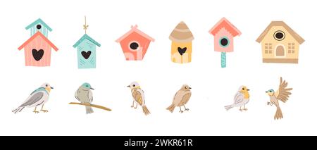 Frühlingsvögel und Vogelhäuser in flachen, hölzernen Vogelhäusern. Vektorabbildung in abgewickelter Form. Frühlingstiere und Äste, Vogelhäuser können für Karten, Aufkleber, Poster, Vorlagen verwendet werden. Banner Stock Vektor