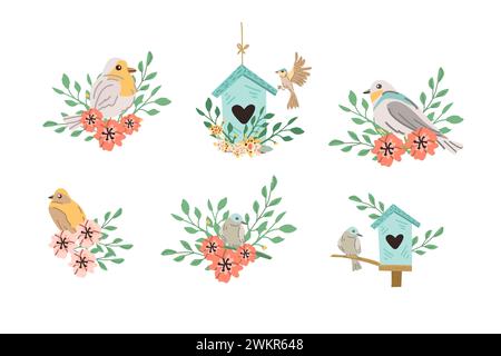 Frühlingsvögel und Vogelhäuser mit Blumenelementen. Vektorabbildung in abgewickelter Form. Frühlingstiere und Äste, Vogelhäuser können für Karten, Aufkleber, Poster, Vorlagen verwendet werden. Banner Stock Vektor