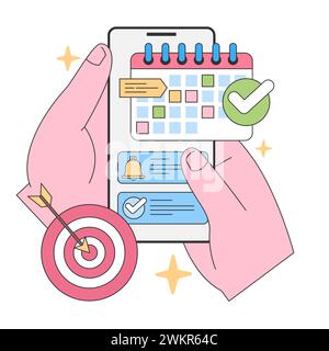 Gezieltes Planungskonzept. Hände, die das Smartphone halten, mit Kalender-App, Erinnerungen und einem erfolgreichen Häkchen. Die Ziele pünktlich erreichen. Illustration des flachen Vektors. Stock Vektor