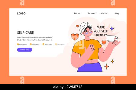Webbanner oder Landing-Page zur Selbstpflege. Frau mit einer Tasse Tee. Fokus auf persönliches Wohlbefinden. Emotionales Gleichgewicht. Achtsamkeitspraxis und geistiges Gesundheitsbewusstsein. Illustration des flachen Vektors Stock Vektor