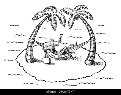 Freihändige Zeichnung einer abgelegenen Insel mit Palmen und Geschäftsmann, der in einer Hängematte liegt und ein Sektglas hochhebt, während er sich an einem atta festhält Stockfoto