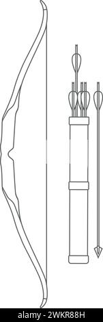 Traditionelles Jagd-Holzbogen und Quiver mit Pfeilen isoliert Outline-Symbol in flachem Stil. Vektorabbildung. Stock Vektor