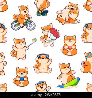 Cartoon Kawaii Shiba Inu Hund Tierfiguren nahtloses Muster. Nahtloser Stoffdruck mit niedlichen Hunden, Tapeten oder Geschenkpapier Vektormuster mit Shiba Inu-Figuren Skaten, Surfen und Joggen Stock Vektor
