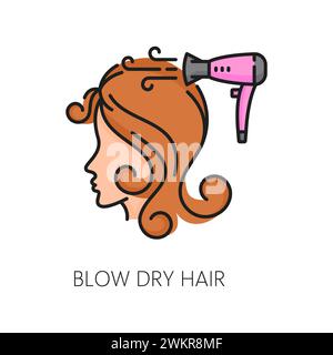 Haarpflege Schönheit und Behandlung, Föhnen Sie trockenes Haar Farbe Linie Symbol oder Vektor Piktogramm für Anweisungen. Haar Gesundheit und Kosmetik Behandlung oder Schutz Symbol für Frau Haarschnitt und Haarpflege Produkt Stock Vektor