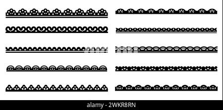 Rahmen mit Muschelspitze, Rahmen, Trennwände. Rüschenbänder und Stoffmuster. Isolierter Vektor-Satz aus schwarzen komplizierten eleganten Streifen, die den visuellen Reiz mit anmutigem, dekorativem Design verbessern Stock Vektor