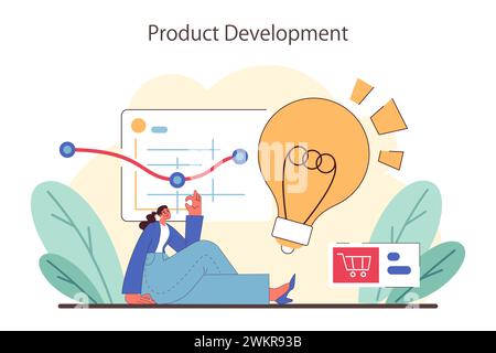 Produktentwicklungskonzept. Frau analysiert Wachstumskarten, während sie sich in der Nähe einer riesigen beleuchteten Glühlampe befindet, was auf innovative Ideen und eine strategische Markteinführung hinweist. Illustration des flachen Vektors. Stock Vektor