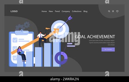 Zielerreichung betonte im Dunkeln- oder Nachtmodus Web, Landung. Ein Mann erreicht triumphierend einen Höhepunkt mit einer Flagge, während eine Frau auf einem Laptop analysiert. Diagramme und Checklisten Fortschrittsverfolgung. Flacher Vektor. Stock Vektor