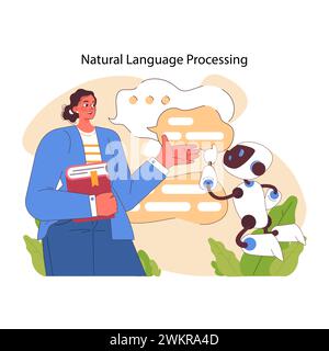 Konzept der Verarbeitung natürlicher Sprache. Mensch und Roboter führen einen erweiterten Dialog, in dem KI-Kommunikationsfähigkeiten veranschaulicht werden. Moderne Technologien und künstliche Intelligenz. Illustration des flachen Vektors. Stock Vektor