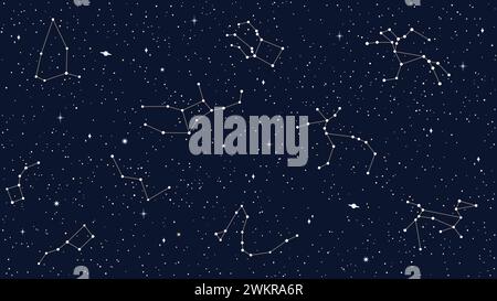 Nahtloses Muster des Weltraumhimmels mit Vektorkarte von Sternkonstellationen, Funken und Planeten. Dunkler Nachthimmel Hintergrund mit Silhouetten von cassiopeia, andromeda, delphinus, pegasus Konstellationen Stock Vektor