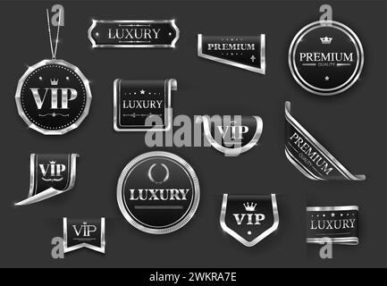 Silberne VIP-Luxusetiketten oder Banner, Etiketten, Bänder und Aufkleber. Vektor-Eckband, Premium-Qualitätspreis, Zertifikatstempel, Medaille und Garantiesiegel mit Hochglanzrahmen, königlichen Kronen und Sternen Stock Vektor