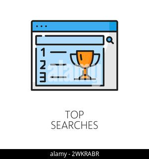 Top-Suche. CDN Symbol für Content Delivery Network, Webportaldaten oder Internet Content Search Outline Vektorsymbol, CDN Thin Line-Zeichen mit Webseitensuchfenster und Golden Cup Stock Vektor