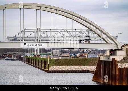 Das Duisburg Gateway Terminal, neuer, trimodaler Umschlagplatz für Container im duisport, Binnenhafen Duisburg-Ruhrort, noch im Bau, kurz vor der Fertigstellung, auf der ehemaligen Kohleninsel, 235,000 m2 Fläche für, soll mit Wasserstoff Klimaneutral betrieben werden, NRW, Deutschland, Duisburg Gateway Terminal *** das Duisburg Gateway Terminal, neu, neu, trimodaler Umschlagplatz für Container im Duisport, Duisburger Ruhrort, kurz vor Fertigstellung noch im Bau befindlicher Binnenhafen, auf der ehemaligen Kohleinsel, 235.000 m2 Fläche für, klimaneutral mit Wasserstoff zu betreiben, NRW, Deutsch Stockfoto