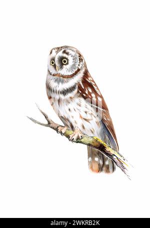 Vogelkunst. Owl Illustration im Vintage-Stil. Digitale Aquarellmalerei. Dieses Kunstwerk eignet sich hervorragend für Design, Postkarten, Stoffe, Druck, Hochzeitseinladung Stockfoto