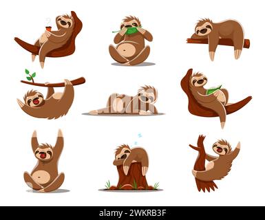 Cartoon-Faultier-Charaktere. Niedliche faule Tiere Vektorfiguren hängen und klettern auf Regenwald Dschungel Baumzweige. Lustige Faultiere essen Blätter, trinken Kaffee, lesen Buch und ruhen sich auf Baumstümpfen aus Stock Vektor