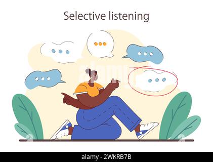 Aktives Zuhören. Aufmerksamer Geschäftscharakter oder Entwicklung von Soft Skills für Mitarbeiter. Konversation, Verhandlung, emotionale Intelligenz und Teamarbeit. Illustration des flachen Vektors Stock Vektor