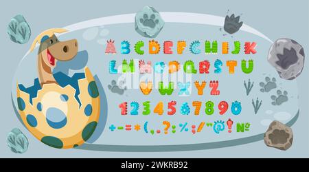 Zeichentrick-Dinosaurier-Schriftart, Jurassic-Dino-Schriftart oder Schriftart mit englischen Buchstaben, Vektor-ABC. Kinder-Dinosaurier oder jurassische Reptilienschriftart mit fossilen Dino-Buchstaben für lustiges Schriftalphabet Stock Vektor