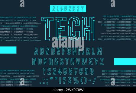 Futuristische Cyber-Tech-Schriftart, Neon-Schriftart, moderne Schrift, englische Computerbuchstaben, Ziffern und Satzzeichen. Vektorblau Chip Mikroschaltung glühende abc Großbuchstaben, elektrische Zeichen Stock Vektor