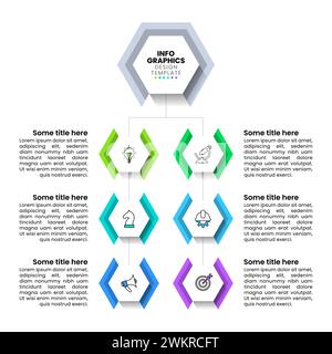 Infografikvorlage mit Symbolen und 6 Optionen oder Schritten. Sechsecke. Kann für Workflow-Layout, Diagramm, Banner und Webdesign verwendet werden. Vektorillustration Stock Vektor