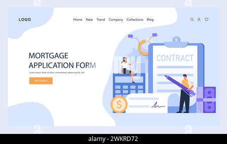 Konzept des Antragsformulars für Hypotheken. Eine Frau tritt auf Taschenrechner-Knöpfe, während ein Mann einen riesigen Stift hält, bereit, einen Hausvertrag zu unterzeichnen. Sicherung der Hausfinanzierung. Illustration des flachen Vektors. Stock Vektor