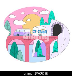 Roadtrip. Junge Leute oder Familie, die mit dem Auto in den Urlaub fahren. Charaktere, die im Auto fahren und gemeinsam die Welt bereisen. Illustration des flachen Vektors Stock Vektor