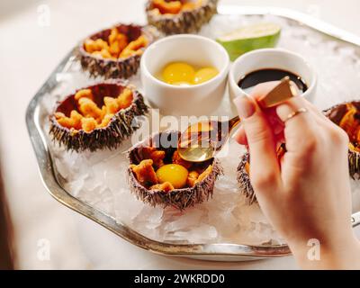 Frau mit frischen Seeigeln am Tisch. Frische Seeigel auf großem Teller mit Eis und Limette. Gesundes Essen, Gourmetessen, Restaurantessen. Mediterrane Küche, Mädchen essen, Seeigel auf Eis Stockfoto