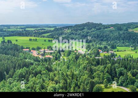 Luftaufnahme der Region um den Kurort Neutrauchburg bei Isny im Allgäu Stockfoto