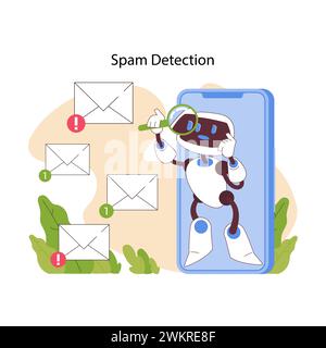 Konzept der Spam-Erkennung. KI filtert Unordnung und stellt so die E-Mail-Integrität und den Schutz der Benutzer sicher. Effiziente und intelligente Posteingangsverwaltung. Sicher vor Viren und Fehlern. Illustration des flachen Vektors Stock Vektor