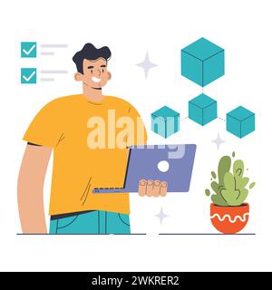 Konzept der Microservice-Architektur. Ein Entwickler orchestriert unabhängige Services für agile Anwendungsentwicklung. Modulares Design für einfache Fehlersuche und Updates. Illustration des flachen Vektors Stock Vektor