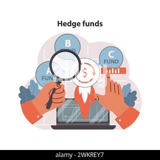 Hedgefonds-Konzept. Hands erkunden verschiedene Portfolios mit einer Lupe und analysieren Wachstumspotenzial und Risikomanagement auf dem Markt. Einblicke in die Investitionsstrategie. Illustration des flachen Vektors Stock Vektor