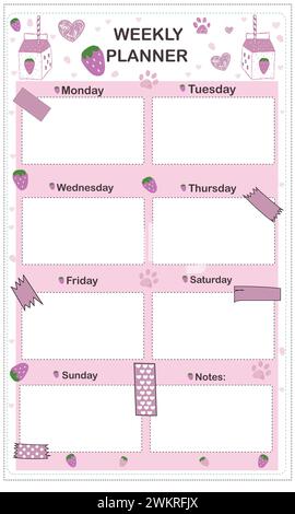 Wöchentlicher vertikaler Planer mit süßer Kawaii-Erdbeermilch und süßen Pfotendrucken Stock Vektor