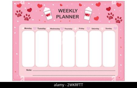 Wochenplaner mit Pfotendrucken und Kaffeetassen Valentinstag-Design Stock Vektor